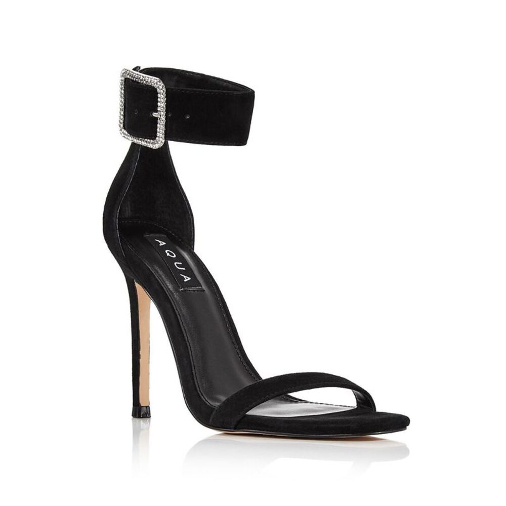AQUA Womens Black Blair Square Toe Stiletto Leather Heeled Sandal 8.5 M